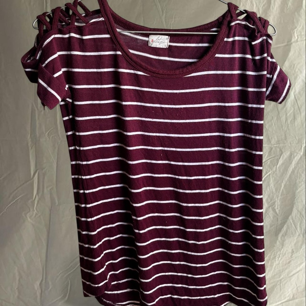Glitz Burgundy and White Striped Blouse with Shoulder Cut-Outs